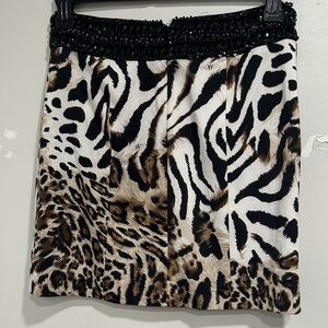 Rachel Allan Animal Print Mini Skirt with Black Beaded Waist